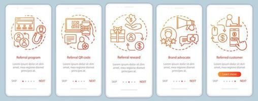 Referral marketing tools onboarding mobile app page screen with linear concepts. Five Steps graphic instructions. Customer attraction, retention. UX, UI, GUI vector template with illustrations