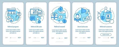 Referral marketing tools onboarding mobile app page screen with linear concepts. Five Steps graphic instructions. Customer attraction, retention. UX, UI, GUI vector template with illustrations