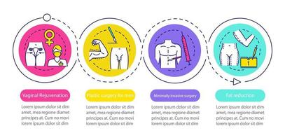 Plantilla de infografía de vector de servicio de cirugía plástica. elementos de diseño de presentación de negocios. visualización de datos con cuatro pasos y opciones. gráfico de la línea de tiempo del proceso. diseño de flujo de trabajo con iconos lineales