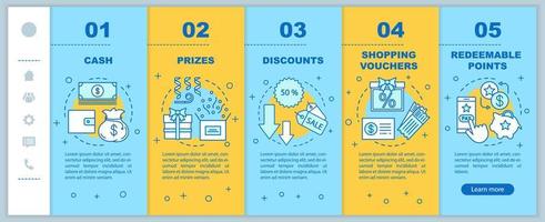 Referral rewards onboarding mobile web pages vector template. Responsive smartphone website interface idea with linear illustrations. Webpage walkthrough step screens. Color concept