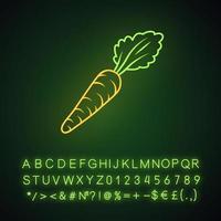 Carrot neon light icon. Agriculture plant. Salad ingredient. Vegetarian nutrition. Organic food. Healthy food. Greenery. Glowing sign with alphabet, numbers and symbols. Vector isolated illustration