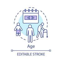 icono del concepto de edad. piel problemática, tratamiento de belleza de envejecimiento e ilustración de línea fina de idea de elevación. proceso de envejecimiento dibujo de contorno aislado vectorial. el ciclo de vida, generación de personas trazo editable. vector