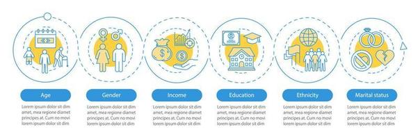 plantilla de infografía de vector de demografía. elementos de diseño de presentación de negocios. visualización de datos con 6 pasos y opciones. gráfico de la línea de tiempo del proceso. diseño de flujo de trabajo con iconos lineales