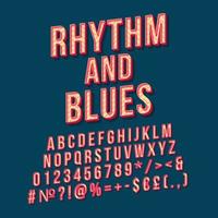 Rhythm and blues vintage 3d vector lettering. Retro bold font, typeface. Pop art stylized text. Old school style letters, numbers, symbols pack. 90s, 80s poster, banner. Prussian color background
