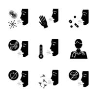 Allergies glyph icons set. Contact, food, respiratory diseases. Allergen sources. Diagnosis and medication. Hypersensitivity of immune system. Silhouette symbols. Vector isolated illustration