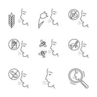 Allergies linear icons set. Food, animal, insect stings allergy, hay fever, diagnosis. Healthcare, medicine. Thin line contour symbols. Isolated vector outline illustrations. Editable stroke
