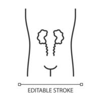 Ill kidneys linear icon. Sore human organ. Unhealthy urinary system. Nephropathy. Kidney failure. Thin line illustration. Contour symbol. Vector isolated outline drawing. Editable stroke