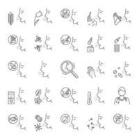 Allergies linear icons set. Allergen sources. Hypersensitivity of immune system. Allergic disease. Medical healthcare. Thin line contour symbols. Isolated vector outline illustrations. Editable stroke