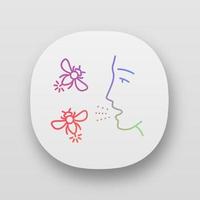 Allergies to insect stings app icon. Hypersensitivity of immune system. Human face and flying insects. UI UX user interface. Web or mobile applications. Vector isolated illustrations