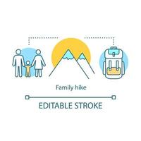 Family hike concept icon. Time together idea thin line illustration. Family trip. Strengthening family bonding. Tourist route. Healthy exercise. Vector isolated outline drawing. Editable stroke