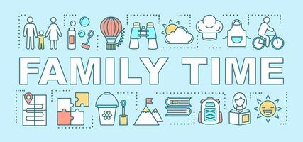 Family time word concepts banner. Activities with kids. Books reading. Bike ride. Cooking. Presentation, website. Isolated lettering typography idea, linear icons. Vector outline illustration