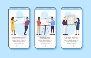 Management onboarding mobile app screen vector template. Working process. Make tasklist, delegate, check result. Walkthrough website with flat characters. UX, UI, GUI smartphone cartoon interface