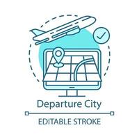 Departure city concept icon. Plane flying up idea thin line illustration. Travel, journey. Aircraft taking off. Departure route. Destination country. Vector isolated outline drawing. Editable stroke