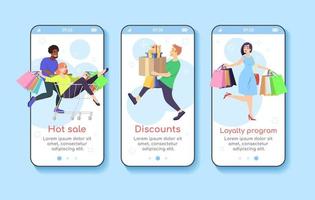 compras integradas plantilla de pantalla de aplicación móvil. venta caliente, descuentos, programa de fidelización. marketing de atracción de clientes. sitio web de recorrido con caracteres planos. interfaz de dibujos animados de smartphone ux, ui, gui vector