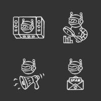 Web robots chalk icons set. Game, propaganda, monitoring, spam bot. Artificial intelligence, AI. Virtual reality. Spam attack. Marketing campaign. Isolated vector chalkboard illustrations