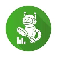 Monitoring bot flat design long shadow glyph icon. Monitor websites uptime. Machine learning. Artificial intelligence. Internet robot with magnifying glass. Vector silhouette illustration