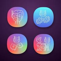 Software bot app icons set. Socialbot, transactional, impersonator robot. Software program. Artificial intelligence, AI. UI UX user interface. Web or mobile applications. Vector isolated illustrations
