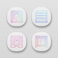 Window drapes app icons set. Roman shades, swags, priscilla curtains, window scarf. Home interior decor. UI UX user interface. Web or mobile applications. Vector isolated illustrations