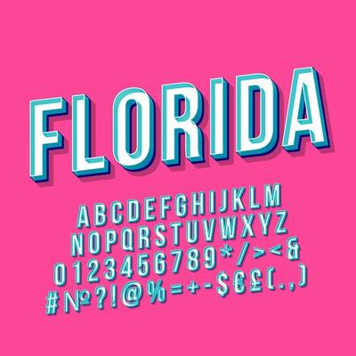 Florida vintage 3d vector lettering. Retro bold font, typeface. Pop art stylized text. Old school style letters, numbers, symbols, elements pack. 90s, 80s poster, banner. Bubblegum color background