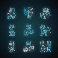 Internet bots neon light icons set. Hacker, voice, spam, impersonator, monitoring, work, scraper robots. Artificial intelligence. Cyborgs, malicious bots. Glowing signs. Vector isolated illustrations