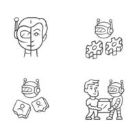 Software bot linear icons set. Socialbot, transactional robots. Artificial intelligence. Cyborgs, futuristic AI. Thin line contour symbols. Isolated vector outline illustrations. Editable stroke