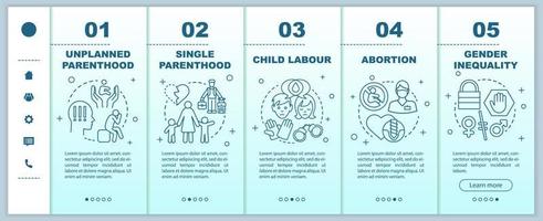 Social issues onboarding mobile web pages vector template. Single parenthood, child labour, abortion, gender inequality. Responsive smartphone website interface. Webpage walkthrough step screens