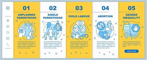 Social issues onboarding mobile web pages vector template. Single parenthood, child labour, gender inequality. Responsive smartphone website interface. Webpage walkthrough step screens