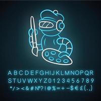 Art bot neon light icon. Robot, cyborg with brush and palette. Virtual assistance. Artificial intelligence, AI. Glowing sign with alphabet, numbers and symbols. Vector isolated illustration