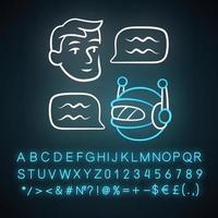 Chatbot neon light icon. Customer support robot. Help service. Man chatting with bot application. Artificial intelligence. Glowing sign with alphabet, numbers and symbols. Vector isolated illustration