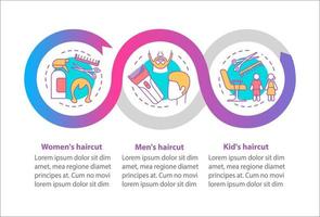 Plantilla de infografía de vector de corte de pelo de peluquería. elementos de diseño de presentación de negocios. visualización de datos con tres pasos y opciones. gráfico de la línea de tiempo del proceso. diseño de flujo de trabajo con iconos lineales