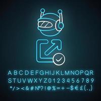 Backlink checker bot neon light icon. Artificial intelligence. SEO assistant. Technology, electronics, ai. Robot machine. Glowing sign with alphabet, numbers and symbols. Vector isolated illustration