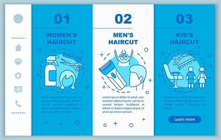 Hairdressing salon procedures onboarding mobile web pages vector template. Responsive smartphone website interface idea with linear illustrations. Webpage walkthrough step screens. Color concept