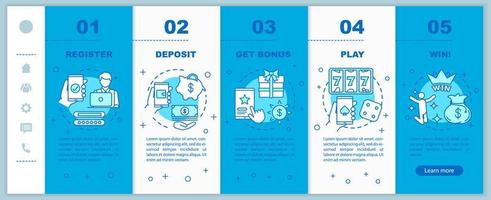 Online casino onboarding mobile web pages vector template. Gambling games. Responsive smartphone website interface idea with linear illustrations. Webpage walkthrough step screens. Color concept