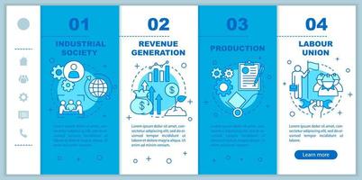 Production process onboarding mobile web pages vector template. Industrial society. Responsive smartphone website interface idea with linear icons. Webpage walkthrough step screens. Color concept