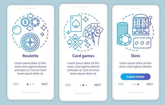 Casino games onboarding mobile app page screen with linear concepts. Roulette, card games, slots walkthrough steps graphic instructions. Gambling. UX, UI, GUI vector template with illustrations