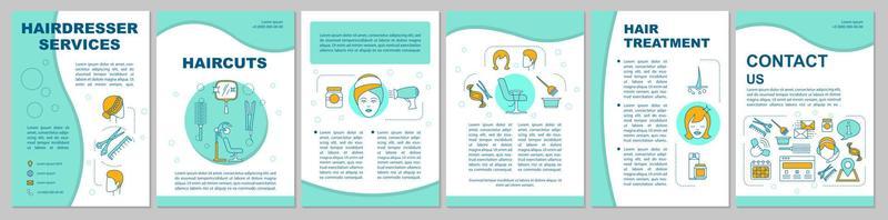 Hairdresser services brochure template layout. Hair styling flyer, booklet, leaflet print design with linear illustrations. Vector page layouts for magazines, annual reports, advertising posters