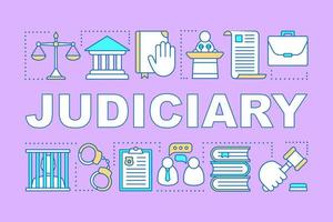 Judiciary word concepts banner. Judicial system. Criminal court. Offender punishment. Presentation, website. Isolated lettering typography idea with linear icons. Vector outline illustration