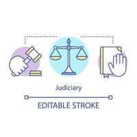 icono del concepto judicial. Ilustración de línea fina de idea de ley. tribunal nacional del sistema judicial. aplicación de leyes y derechos a nivel local y nacional. dibujo de contorno aislado vectorial. trazo editable vector