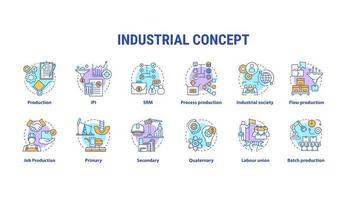 conjunto de iconos de concepto industrial. ilustraciones de línea fina de idea de segmento de economía. industria primaria, secundaria, cuaternaria. producción por lotes, sindicato. dibujos de contorno aislados vectoriales. trazo editable vector