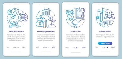 Production process blue onboarding mobile app page screen vector template. Industrial society, labour union. Walkthrough website steps with linear icons. UX, UI, GUI smartphone interface concept