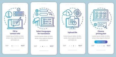 Translation service blue onboarding mobile app page screen vector template. Upload file, contact info. Walkthrough website steps with linear illustrations. UX, UI, GUI smartphone interface concept