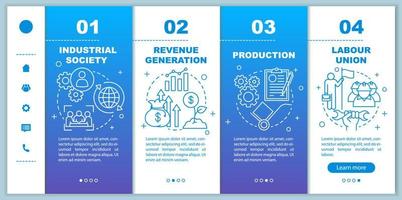 Production process onboarding mobile web pages vector template. Industrial society. Responsive smartphone website interface idea with linear icons. Webpage walkthrough step screens. Color concept