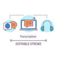 Translation services concept icon. Audio transcription idea thin line illustration. Writing down speech, recording conversation on paper, text file. Vector isolated outline drawing. Editable stroke