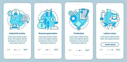 Production process blue onboarding mobile app page screen with linear concepts. Industrial society, labour union walkthrough steps graphic instructions. UX, UI, GUI vector template with illustrations