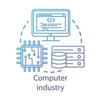 Computer industry concept icon. Hardware, software development. Programming. Data server, CPU. Information technology idea thin line illustration. Vector isolated outline drawing. Editable stroke