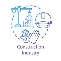Construction industry concept icon. Building sector. Crane, house, hard hat, work gloves. Real estate engineering idea thin line illustration. Vector isolated outline drawing. Editable stroke
