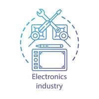 Electronics industry concept icon. Technical service. Production and repair automation. Robot hands tablet idea thin line illustration. Vector isolated outline drawing. Editable stroke