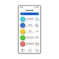 plantilla de vector de interfaz de teléfono inteligente de geografía. diseño de página de aplicación móvil en blanco. pantalla de materiales de autoaprendizaje. interfaz de usuario plana para la aplicación. asignaturas escolares, pantalla del teléfono del progreso del estudio de la naturaleza