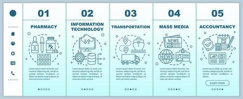 industrias de salud y finanzas incorporando plantillas vectoriales de páginas web móviles. Idea de interfaz de sitio web de teléfono inteligente sensible con ilustraciones lineales. pantallas de pasos del tutorial de la página web. concepto de color vector