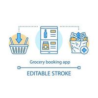 Grocery booking app concept icon. Customer service, home food delivery idea thin line illustration. Shopping basket, smartphone and vegetables package vector isolated outline drawing. Editable stroke